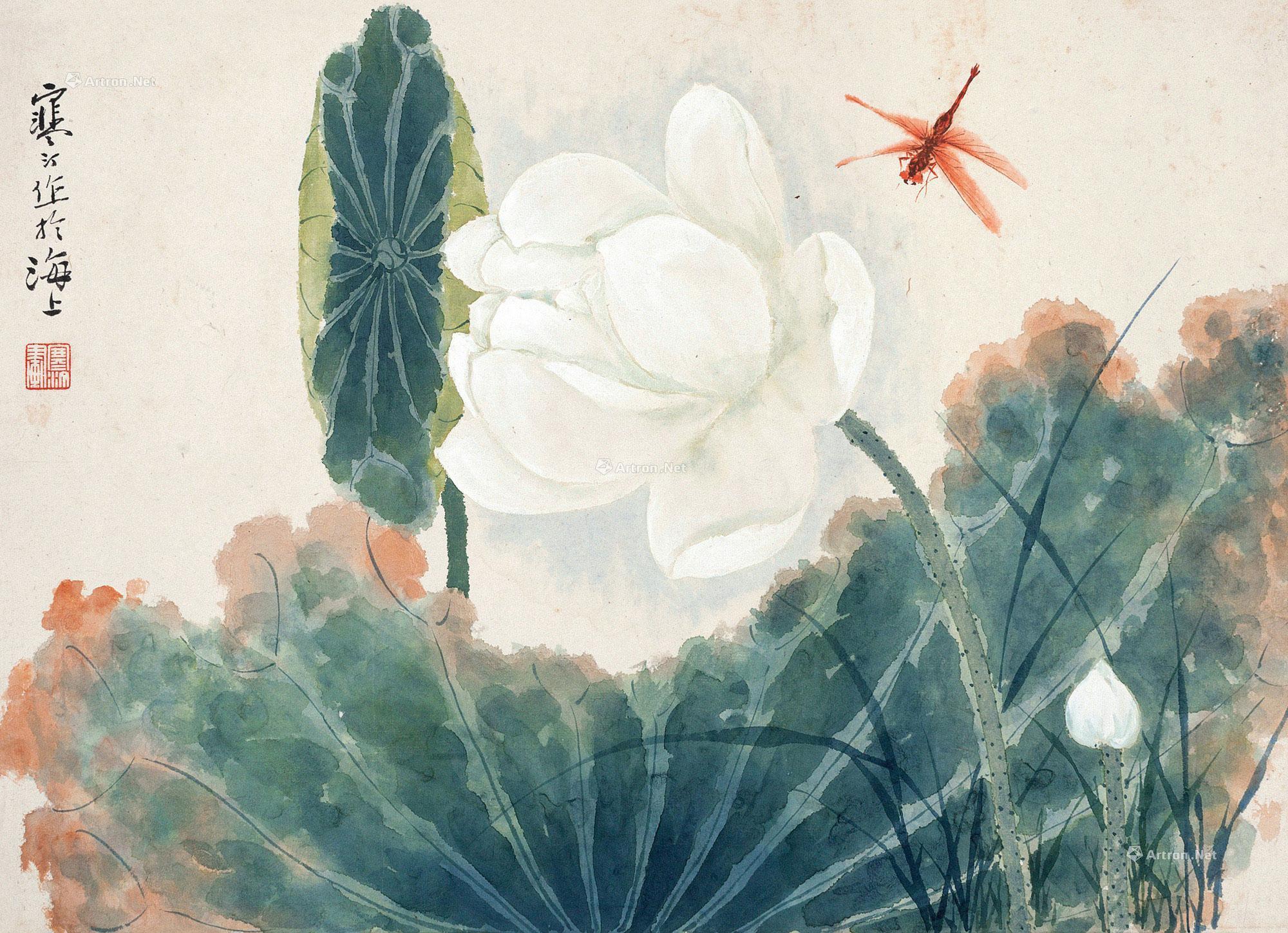 0195 荷花蜻蜓 镜片 设色纸本