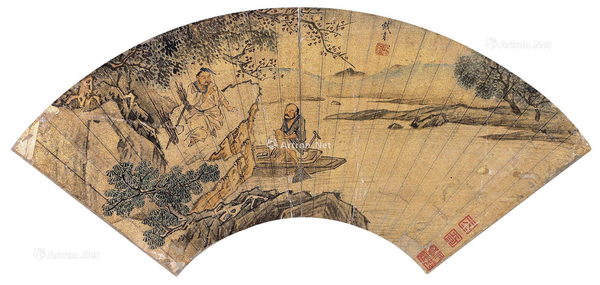0009 明代 鱼樵问道 扇面 设色金笺
