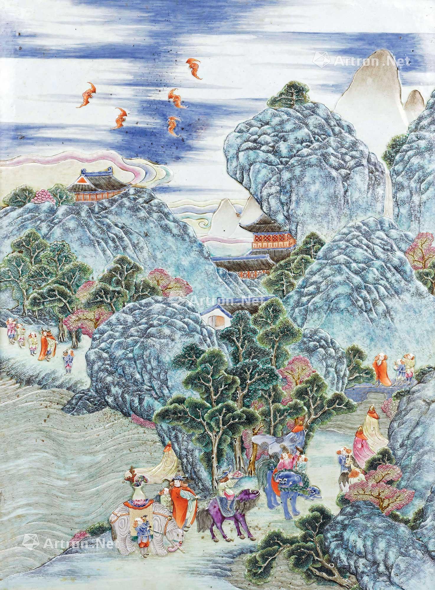 0672 清乾隆 粉彩雕瓷八蛮进宝大瓷板