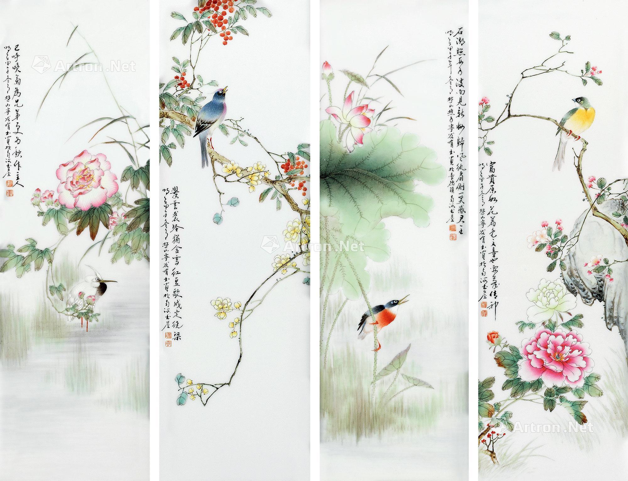 0685 宁发有 粉彩春夏秋冬四季花鸟纹瓷板