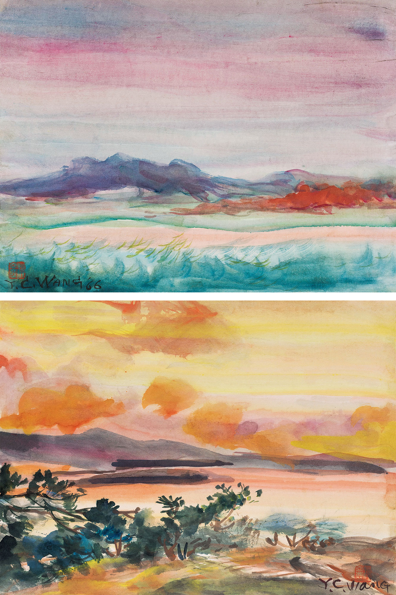 2034 1966年作 山景 夕阳湖景 (两张一组) 纸本水彩