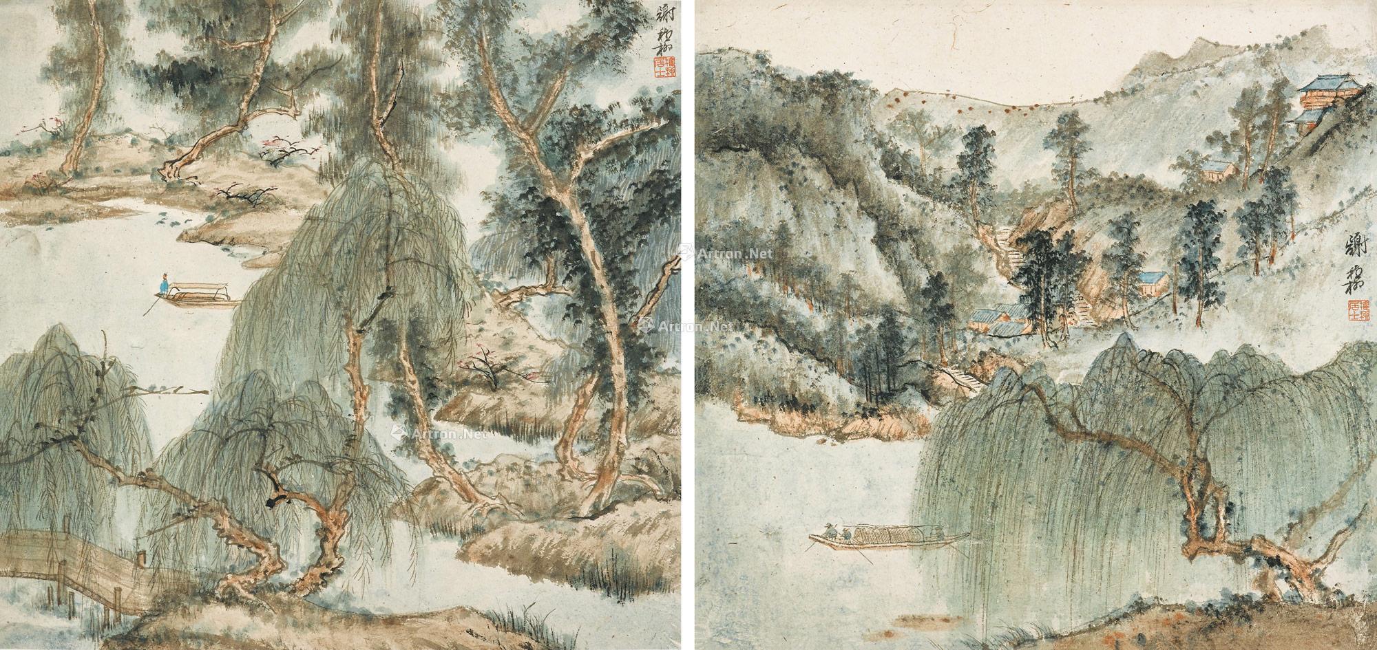 1661 柳岸青山 (两幅) 镜框 设色纸本