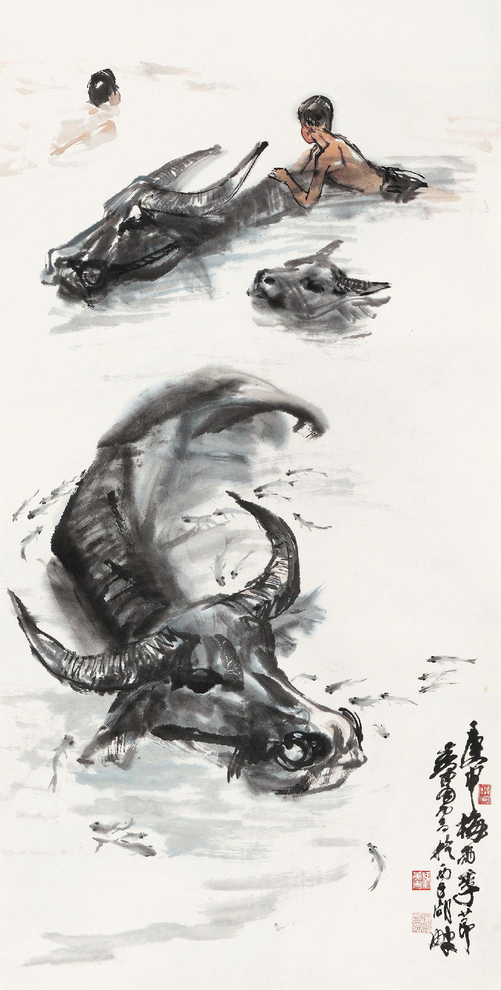 【1980年作 浴牛图 立轴 设色纸本】拍卖品_图片_价格_鉴赏_绘画_雅昌