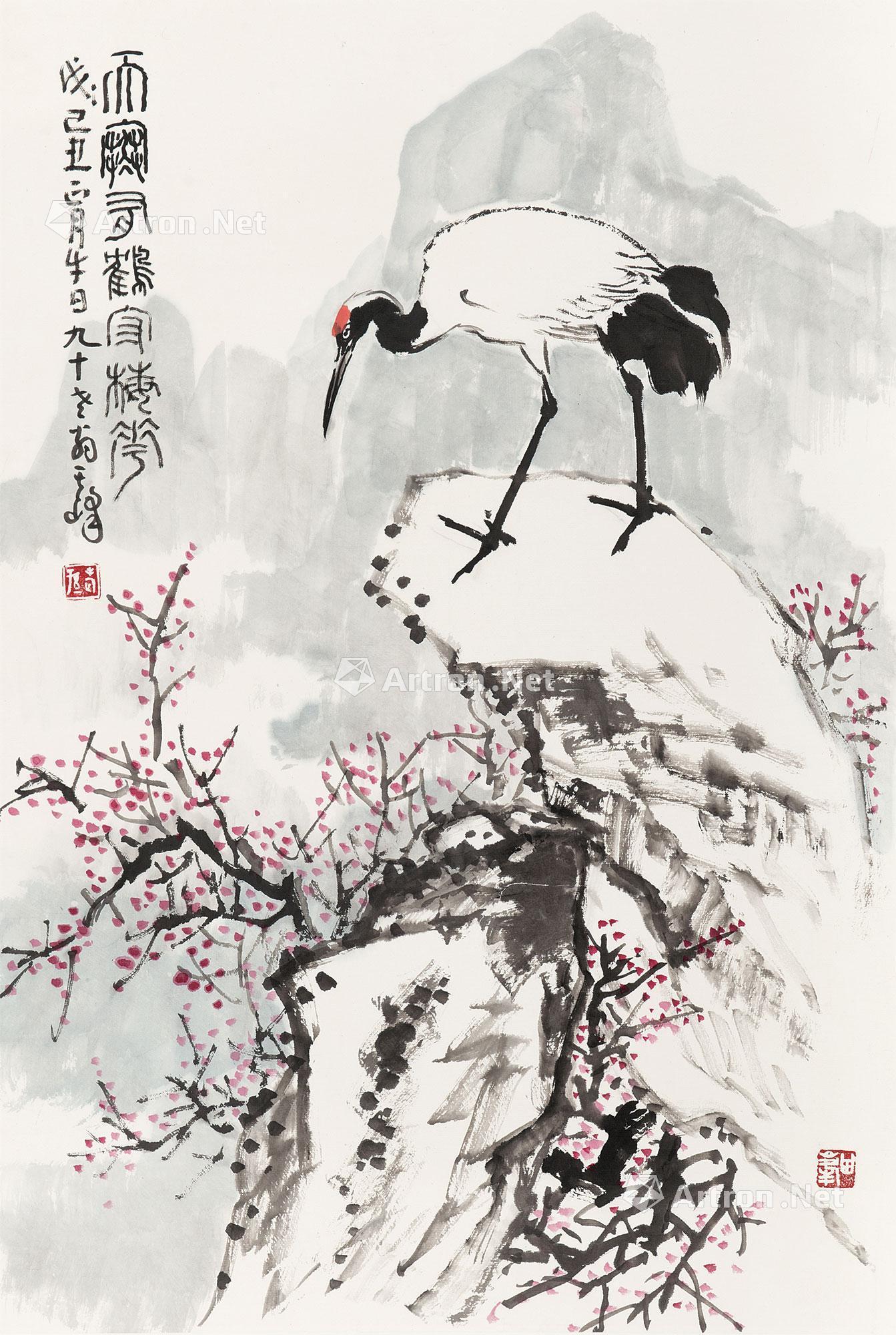 0608 天寒有鹤守梅花 镜片 纸本设色