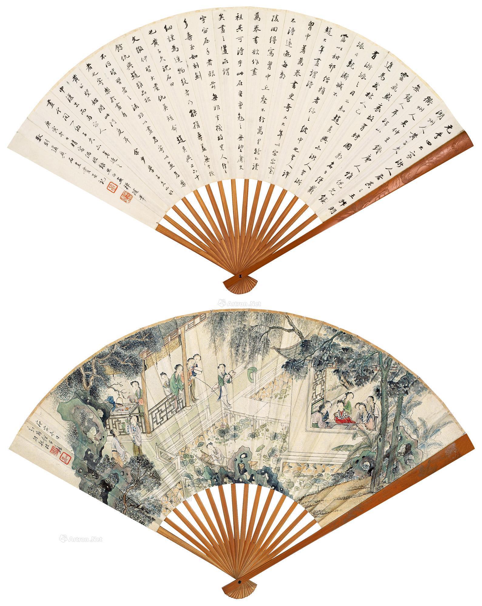 【庚寅(1890年)作 雅集图 行书 成扇 设色纸本】拍卖品_图片_价格