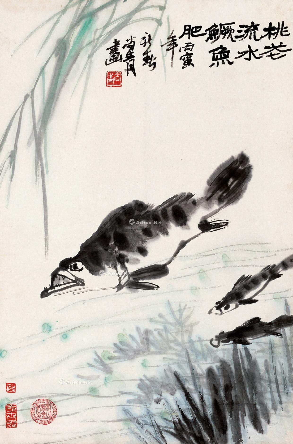 0076 丙寅(1986)年作 桃花流水鳜鱼肥 立轴 设色纸本