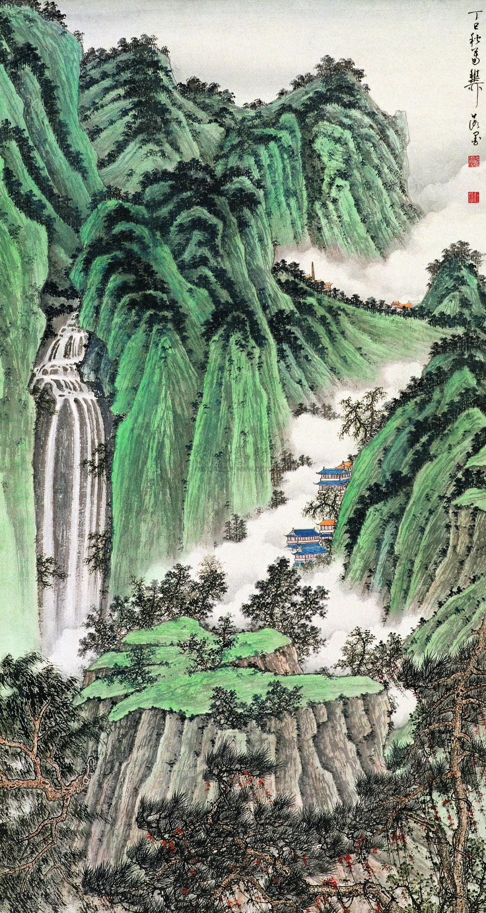 384 丁巳(1977年)作 青绿山水 立轴 设色纸本