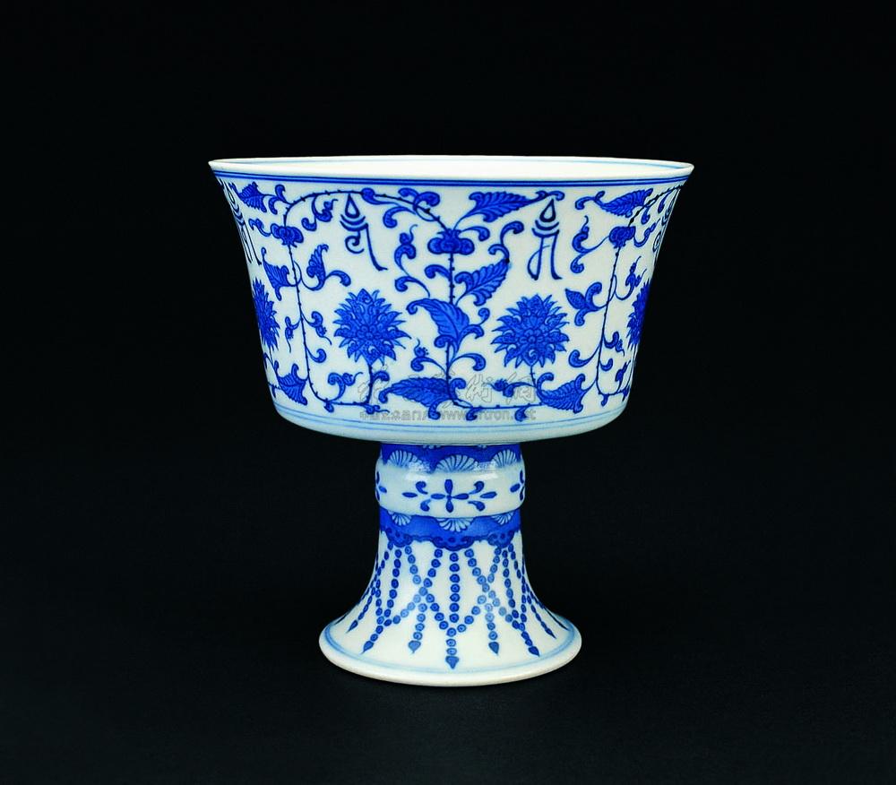 【清乾隆 青花花卉梵纹高足碗】拍卖品_图片_价格_鉴赏_清代青花瓷器