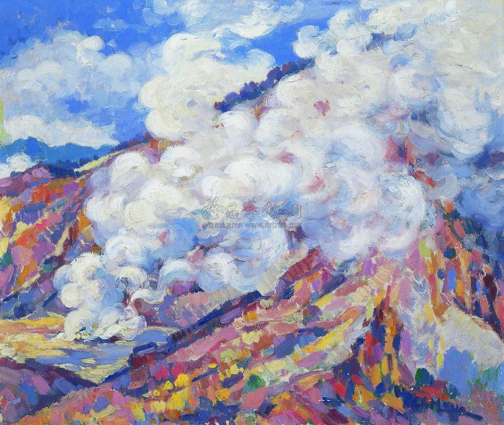 0009 1956年作 印尼火山 布面油画