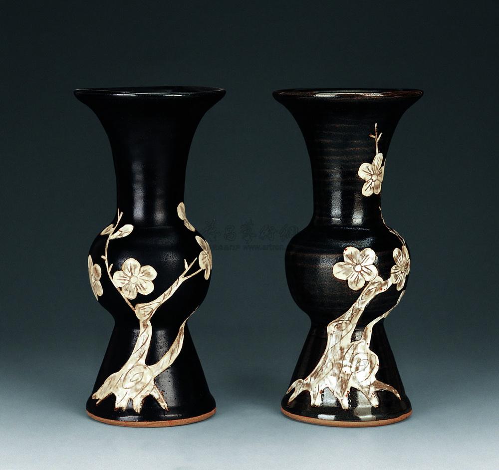 吉州窑黑釉白梅花觚 (一对)】拍卖品_图片_价格_鉴赏_元代以前陶瓷