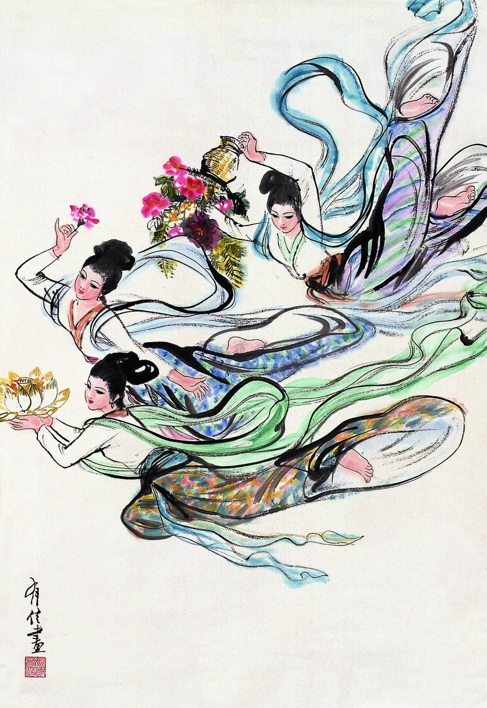 0445 现代 天女散花 立轴 设色纸本