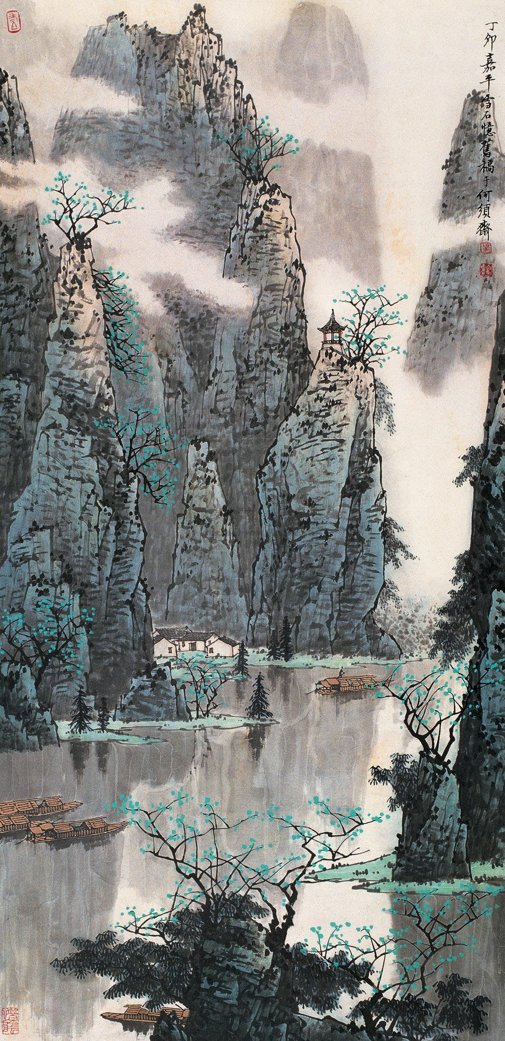【1987年作 漓江春山图 立轴 设色纸本】拍卖品_图片_价格_鉴赏_绘画