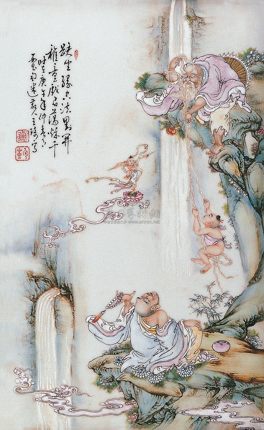 0624 民国 王琦绘粉彩罗汉图瓷板