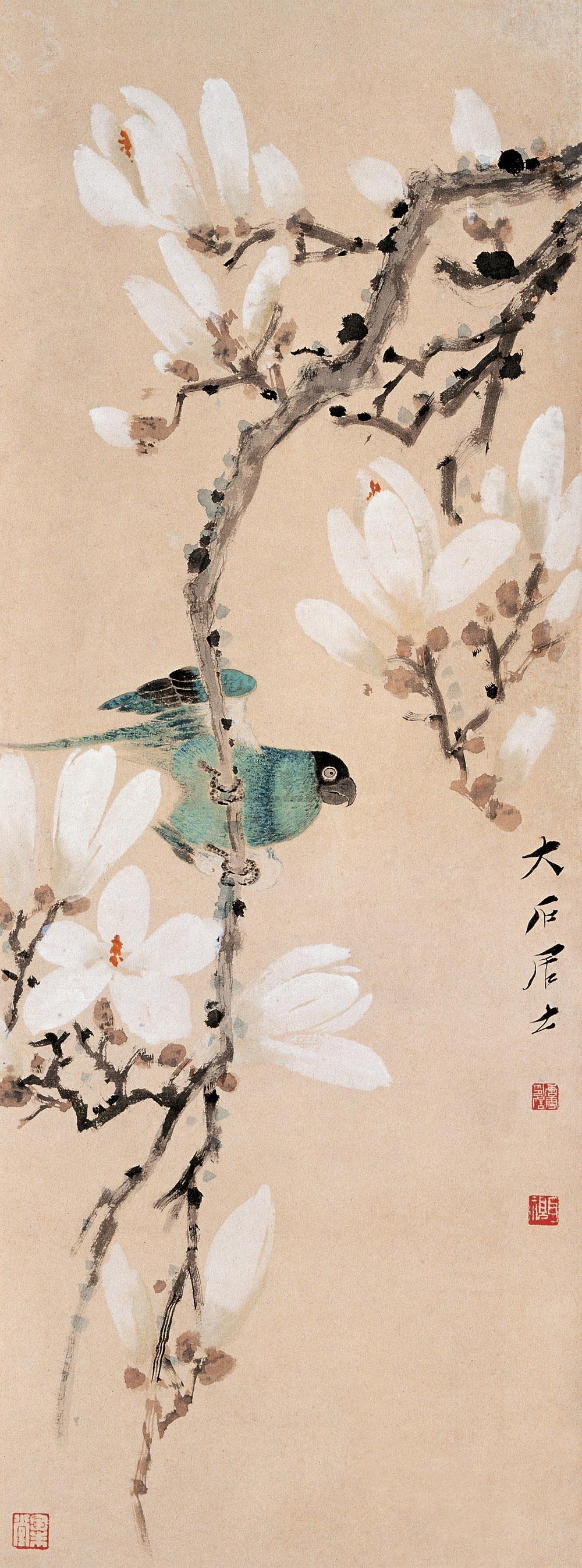 0002 玉兰鹦鹉 立轴 设色纸本