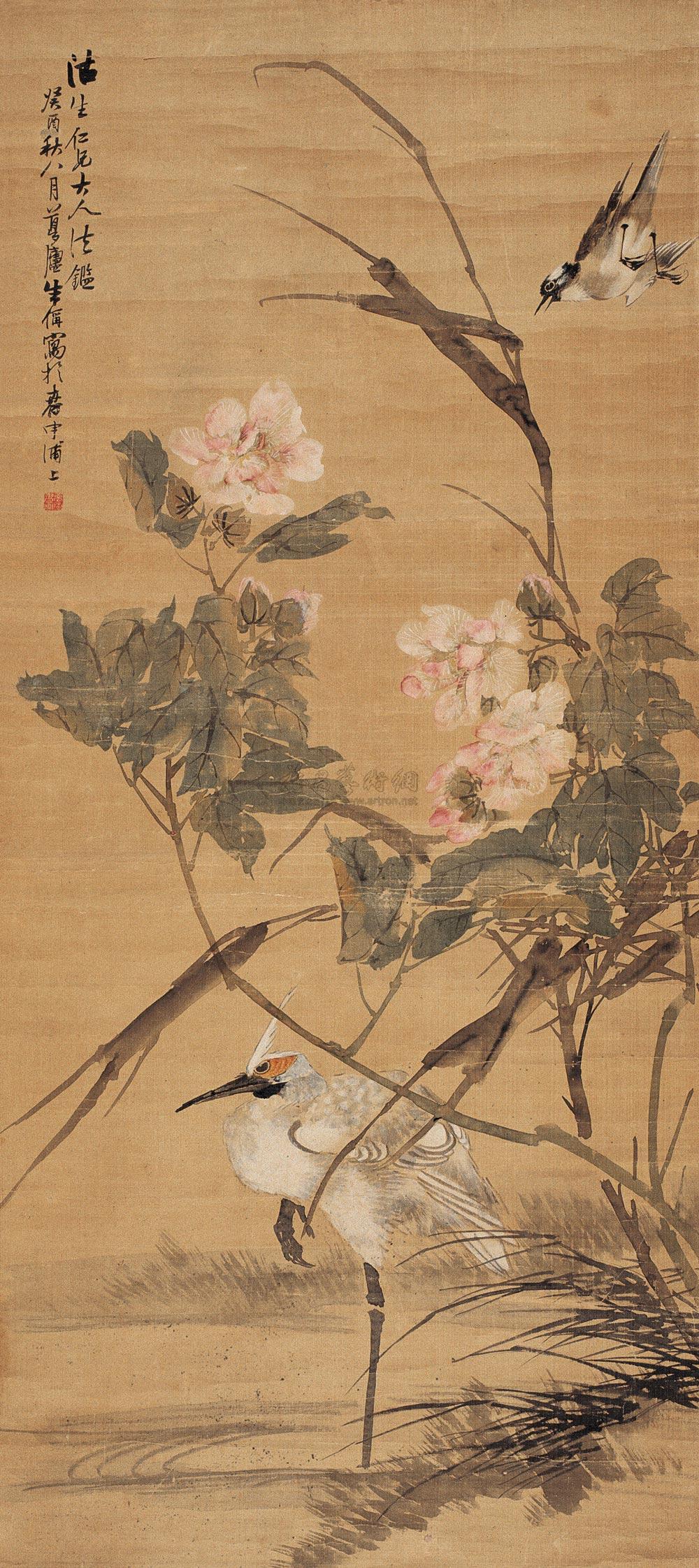 0114 癸酉(1873年)作 鹭鸟秋葵图 轴 设色绢本