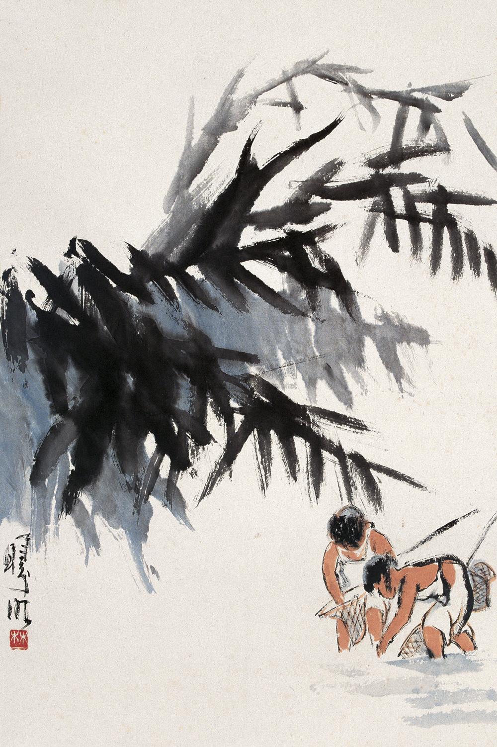 0708 捉鱼 立轴 设色纸本