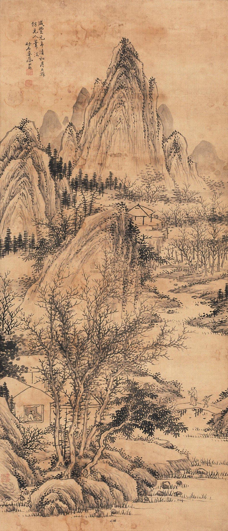 0470 仿元人笔法山水 立轴 设色绢本