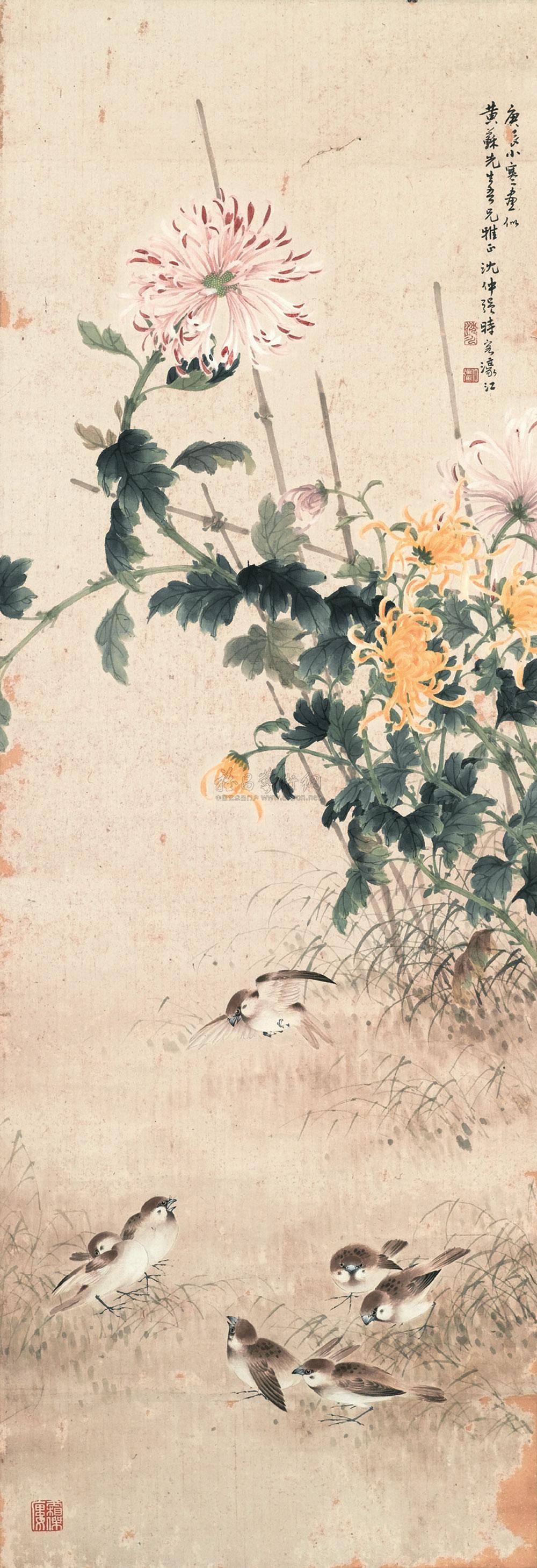0849 一九四零年作 菊花麻雀 镜心 设色纸本