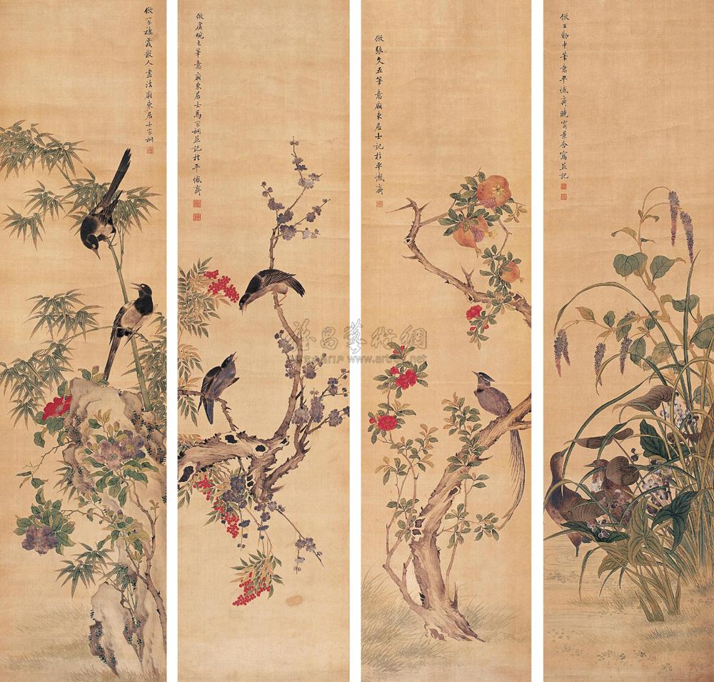 1349 花鸟图 四屏 设色绢本