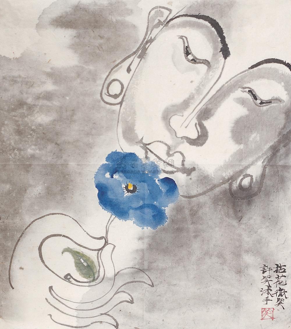 0642 拈花微笑 镜心 纸本设色