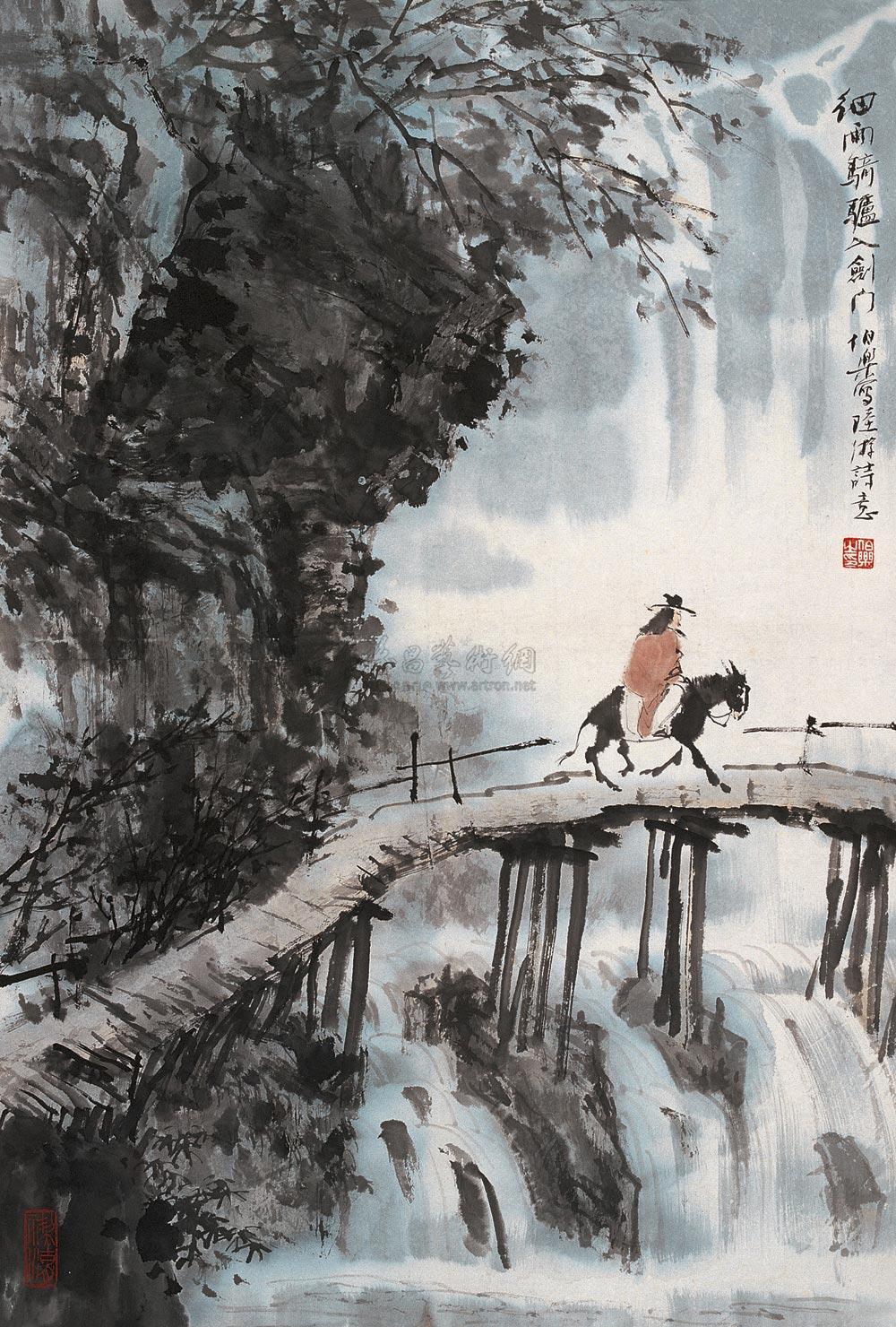 0686 细雨骑驴图 立轴 设色纸本