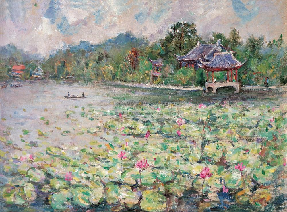 0825 西湖荷花 布面 油画