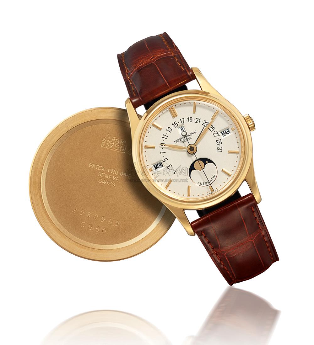2606 百达翡丽非常罕有18k黄金自动大三针万年历逆反指针月相腕表