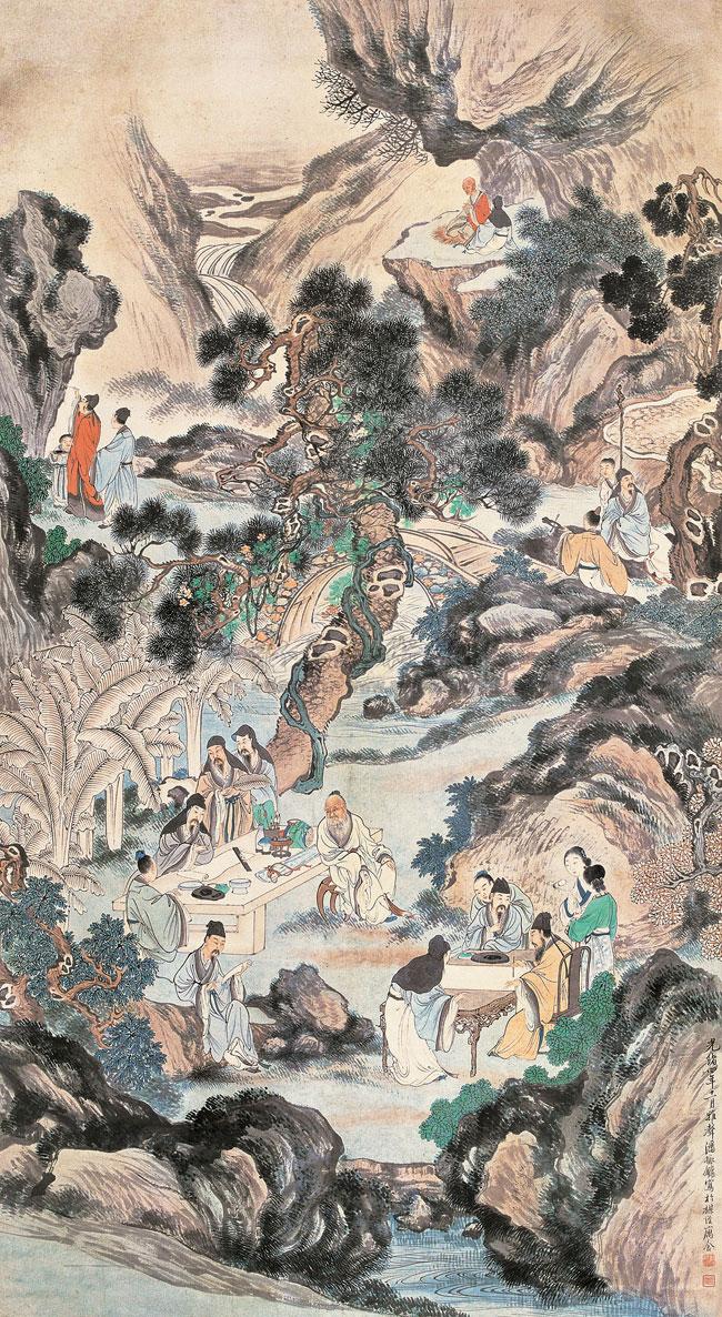 1412 1878年作 雅集图 立轴 设色纸本