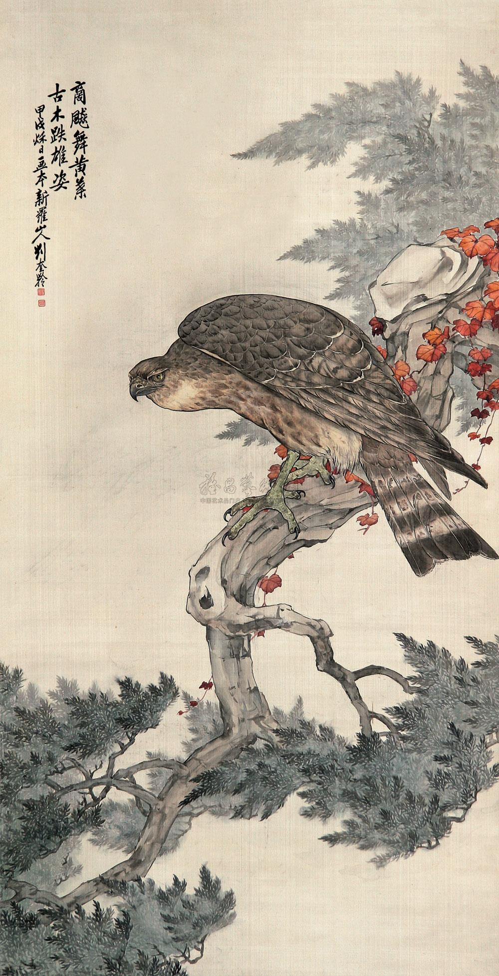 0018 鹰 立轴 设色绢本