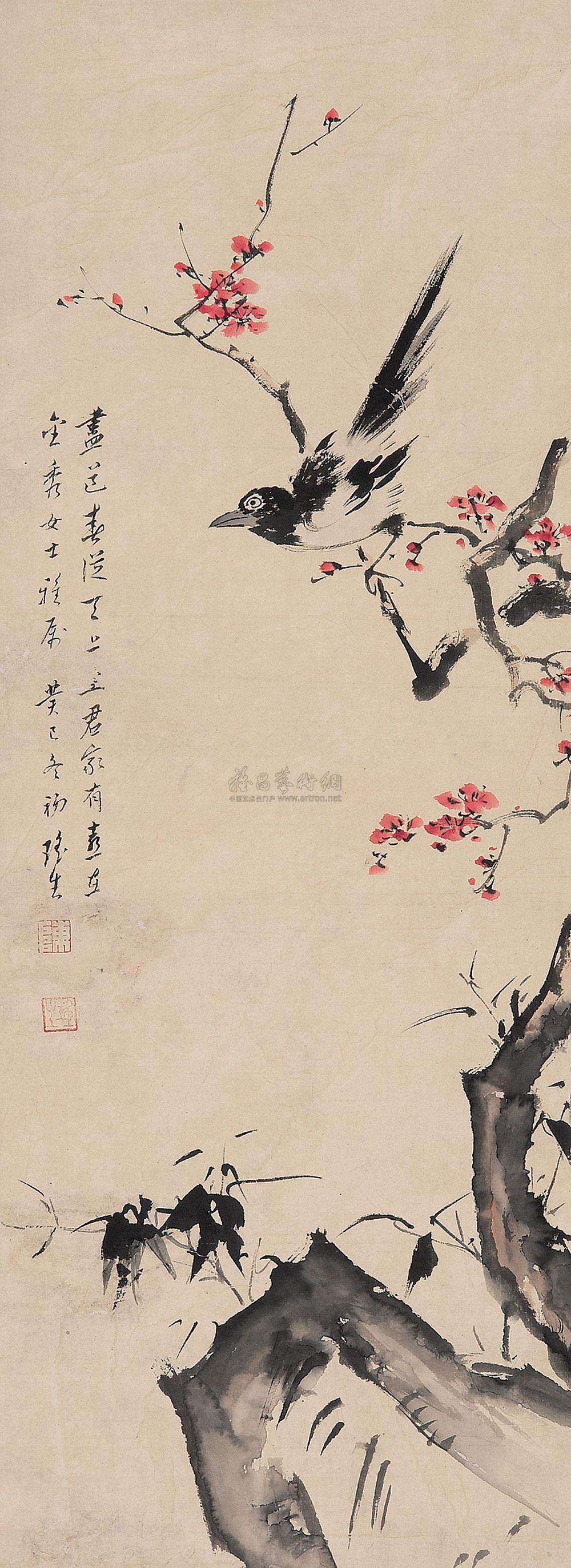 0121 喜上眉梢 立轴 设色纸本