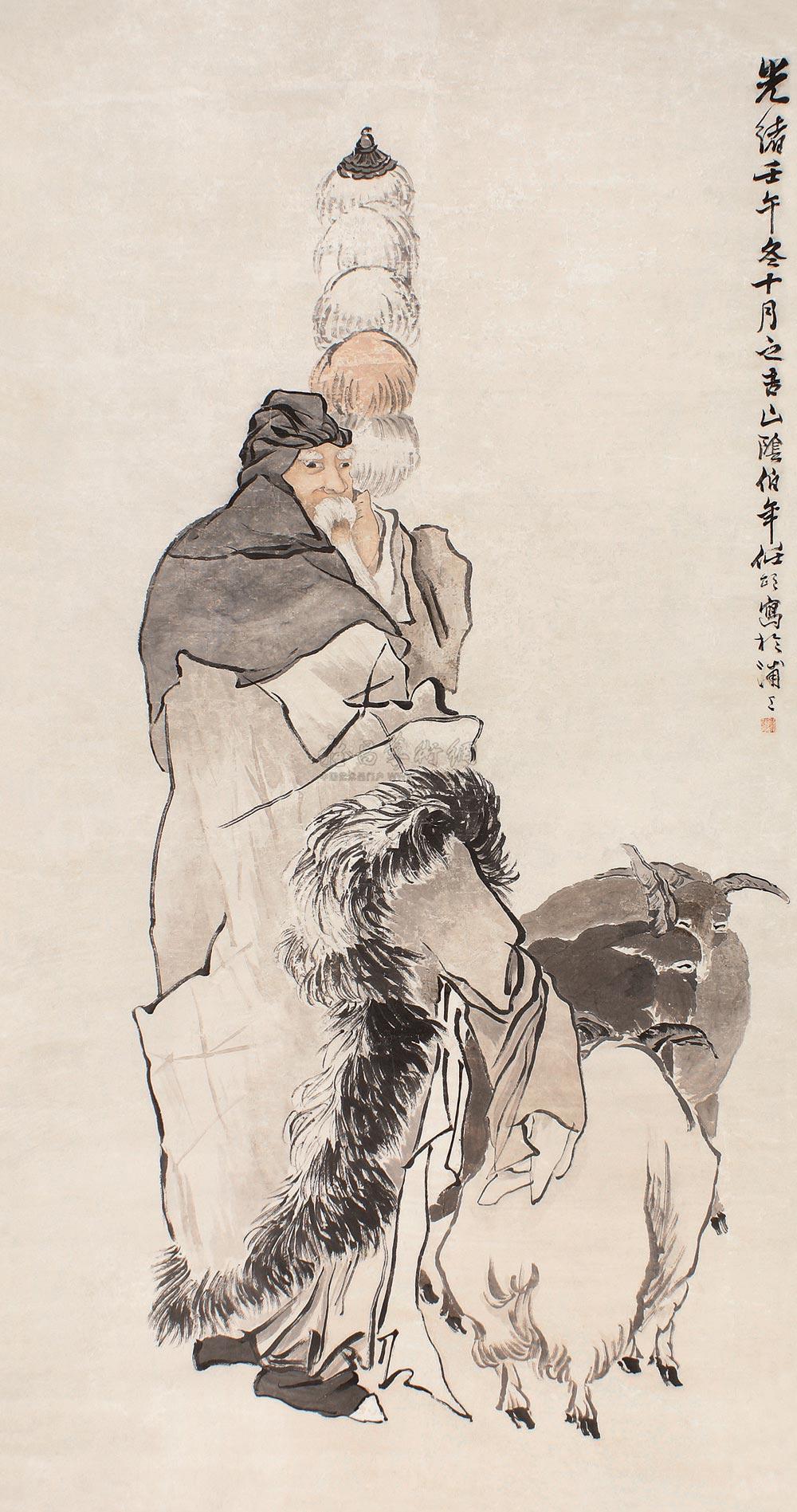 0132 壬午(1882)年作 苏武牧羊 立轴 设色纸本