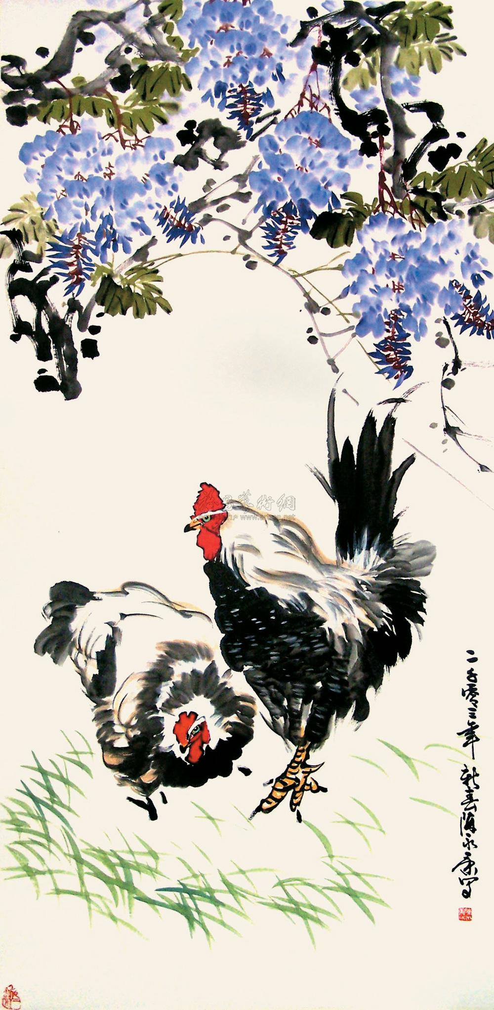 0731 紫藤鸡 镜心 设色纸本