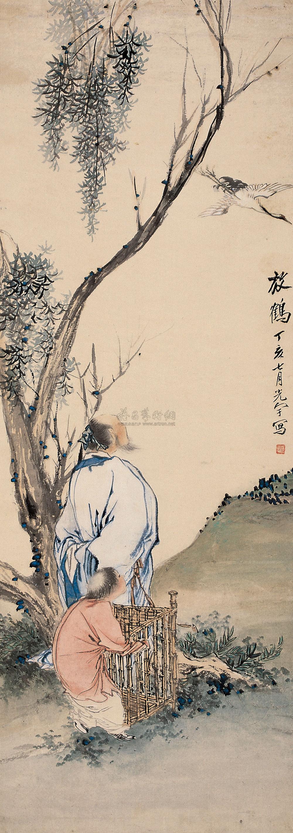 【放鹤图 立轴 设色纸本】拍卖品_图片_价格_鉴赏