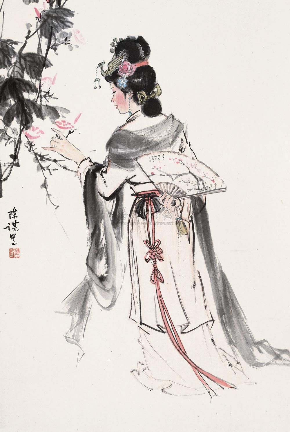 0521 赏花图 立轴 设色纸本