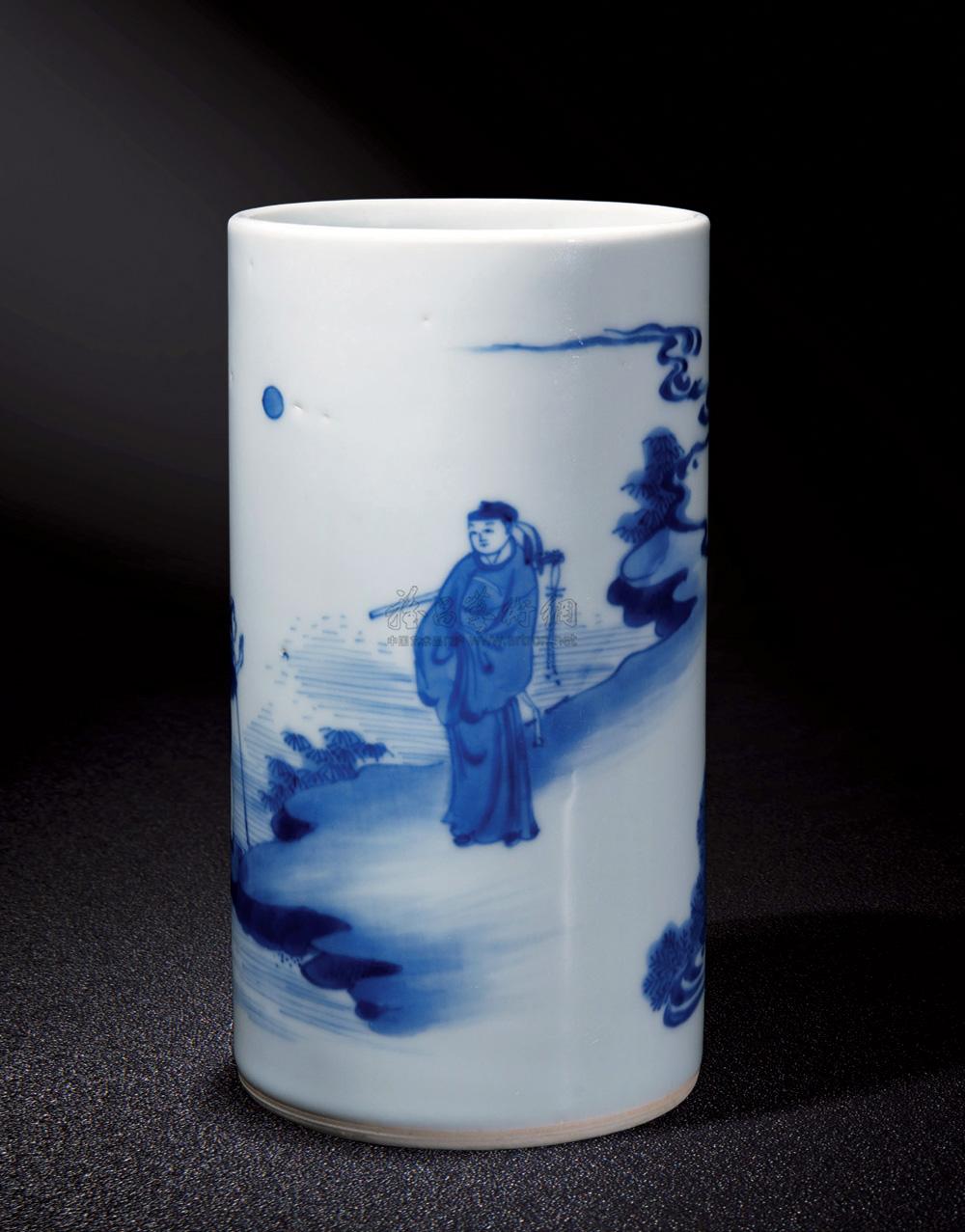 0622 明崇祯 青花人物笔筒