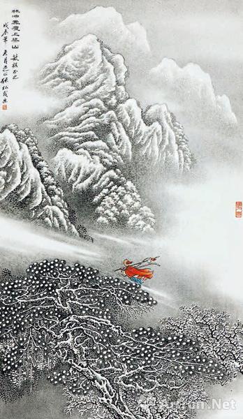 《林冲夜奔》  张松茂(江西) 47×78cm  釉上彩