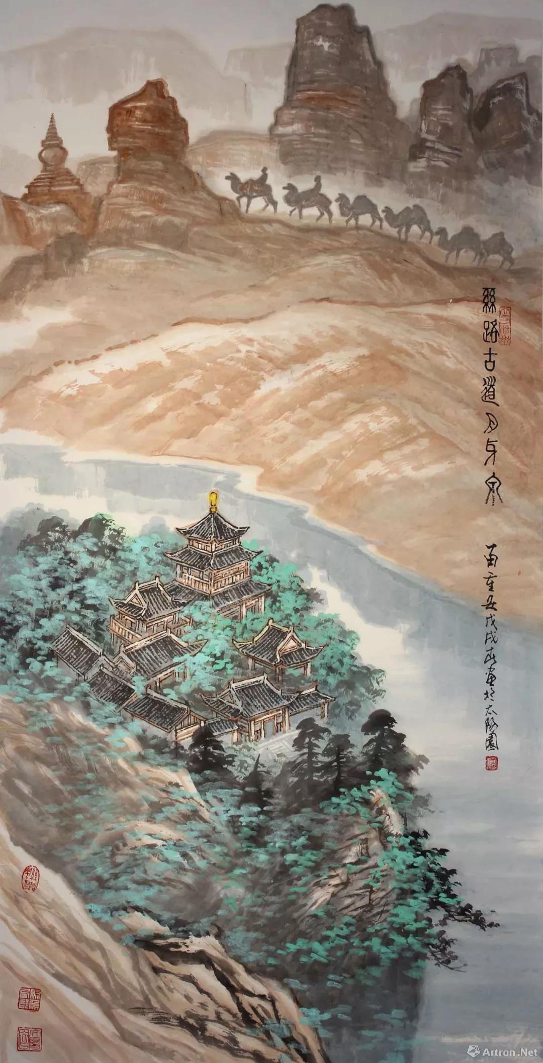《丝路古道月牙泉》  苗重安 136x68cm  纸本